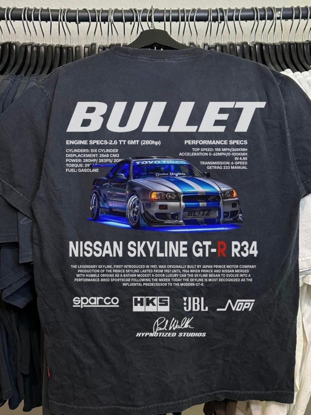 Gildan Black Bullet Nissan Skyline GT-R R34 Graphic Tee with Blue Accents